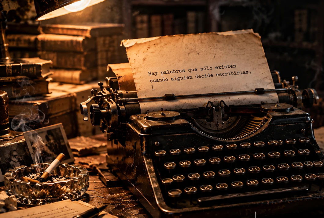 Máquina de escribir antigua sobre un escritorio de escritor, con una hoja de papel asomando y luz cálida lateral.